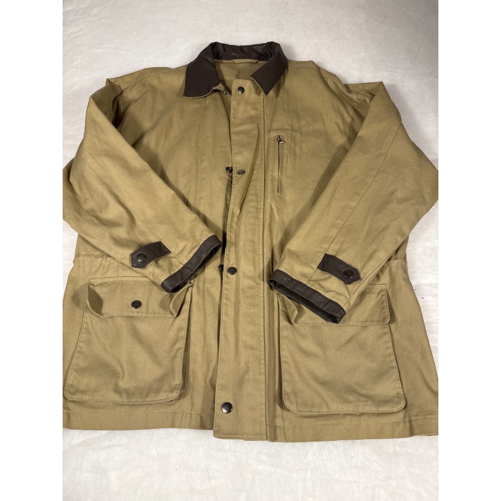 Mens Tan Canvas Field Jacket Leather Trim Collar Utility Work Coat Khaki Sz XL